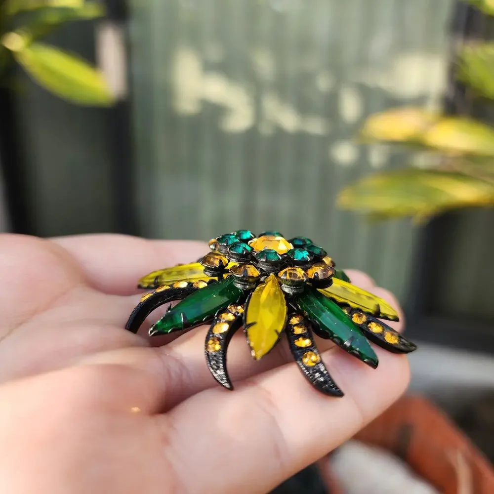 Vtg Selro Selini Brooch Japanned Amber Green Yellow Glass Marquise Rhinestones